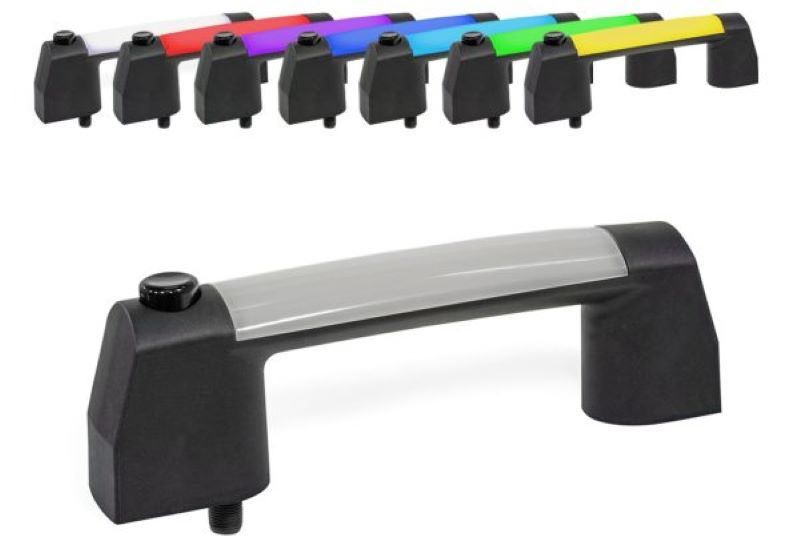 Der neue Griff beinhaltet auch die Funktion einer Signal-/Meldeleuchte sowie eines Tasters. Farben und Funktionen können individuell festgelegt werden (Bild: Ganter).