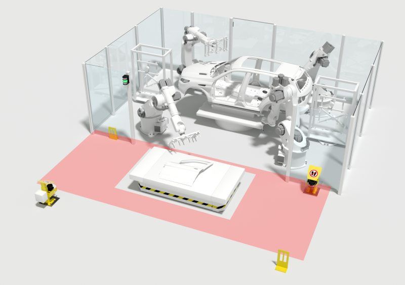 Das Sicherheitsprogramm passt das Schutzfeld dynamisch um das sich bewegende FTS an. Es kann so automatisiert in die Station einfahren, an der Parkposition das Material übergeben und anschließend die Station wieder verlassen (Bild: Leuze).