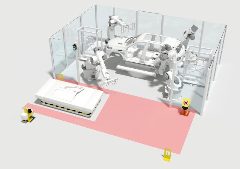 Sicherheits-Laserscanner überwachen den gesamten Bereich der Übergabestation für Roboterzelle und FTS. Ihre Schutzfelder erkennen den Zugang und die Anwesenheit von Personen. Der Umriss des FTS wird bei der Durchfahrt dynamisch aus den Schutzfeldern ausgeblendet (Bild: Leuze).