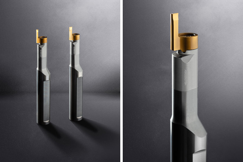 Links: Im Standard bietet Horn die Axialstechwerkzeuge in drei verschiedenen Varianten in der Sorte »EG55« an. Rechts: Axialstechen mit einer Stechtiefe von bis 10 mm ermöglicht die neue Variante des Systems »Mini 114« (Bilder: Horn/Sauermann).
