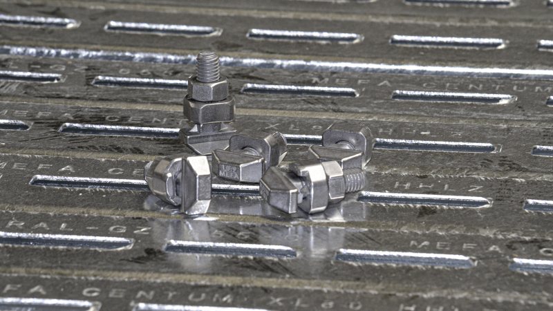 Zentrale Verbindungselemente des Schwerlast-Montagesystems sind Hammersperrkopf-Schrauben, die über eine CE-konforme ETA-Zulassung auf Basis der EN 1090 verfügen (Bild: Mefa).