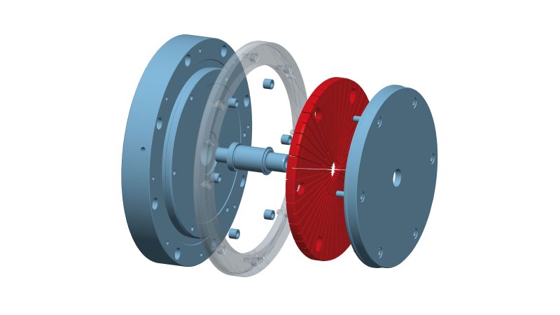 Der Flachkörper-Flanschdorn ist ein einfach bedienbares System aus (v. l.) Aufnahme, ggf. Anlagering, Druckbolzen, Distanzhülsen sowie Flachkörper und Deckel (Bild: Ringspann).