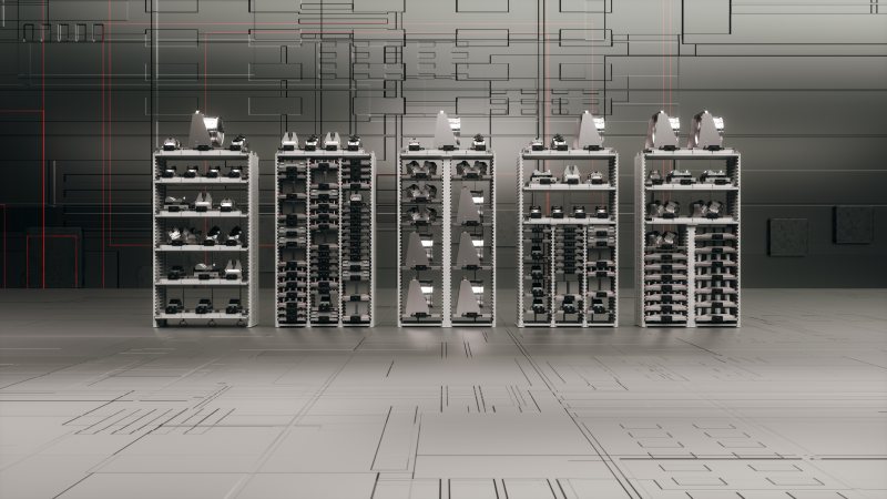 Fünf der sechs Regalmodule für das Robotersystem »RS 2 Gen2« (Bild: Hermle).