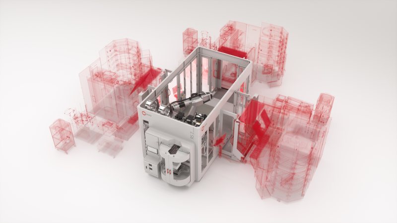 Robotersystem »RS 2 Gen2« mit drei adaptierten 5-Achs-Bearbeitungszentren »C 32« (Bild: Hermle).