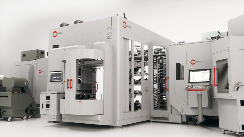 Das neue Robotersystem mit zwei adaptierten 5-Achs-Bearbeitungszentren (Bild: Hermle).
