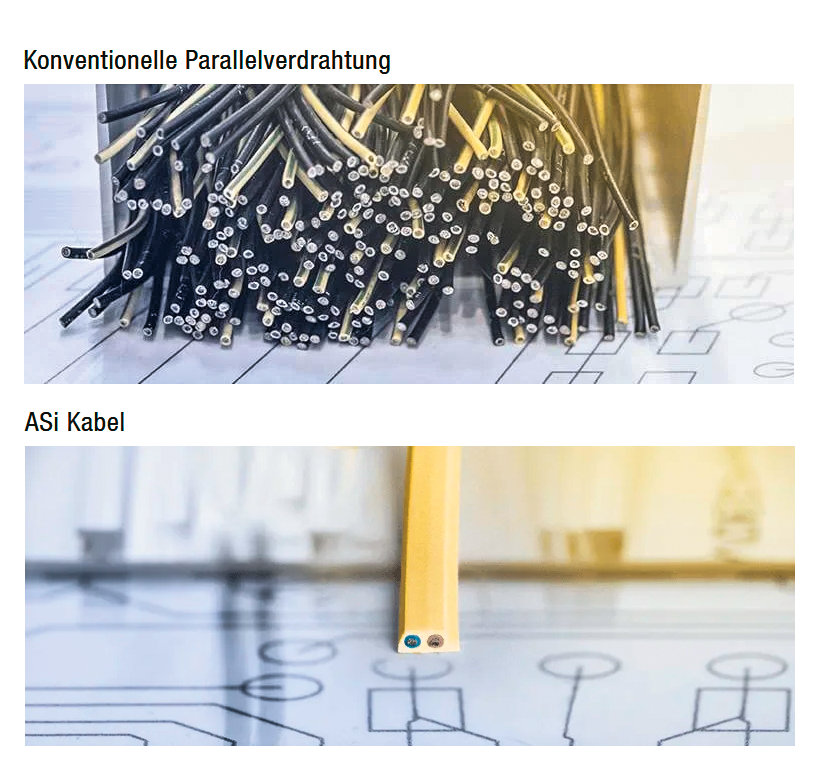 Vergleich des Kabelbedarfs: ASi Profilkabel (u.) vs. konventionelle Parallelverdrahtung (Bild: Bihl+Wiedemann).