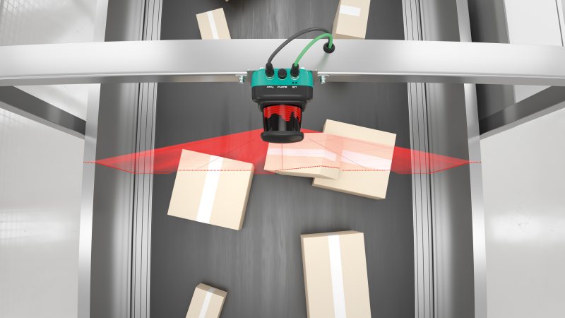 Die präzise Vermessung von Objekten mit dem Lidar-Sensor »R2300« erfolgt auch bei hohen Bandgeschwindigkeiten (Bild: Pepperl+Fuchs).