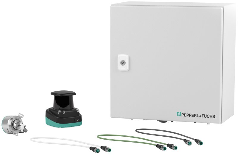 »Volume3D«-System mit Drehgeber, Lidar-Sensor, Auswerteeinheit und Kabeln (Bild: Pepperl+Fuchs).