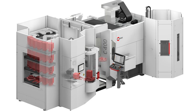 Das neue 5-Achs-Bearbeitungszentrum »C 400 Gen2« mit Handlingsystem, Speichermodulen und Zusatzmagazin (Bild: Hermle).