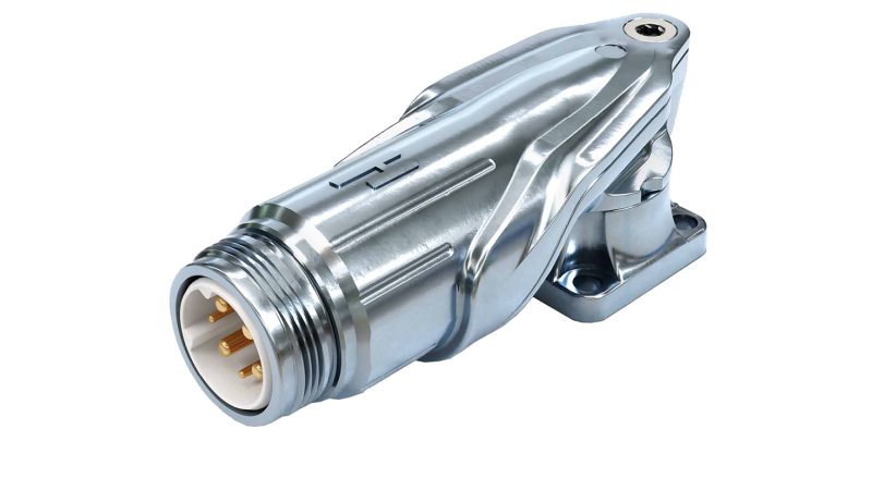 Flach, abgewinkelt, drehbar und dennoch für Ströme bis 25 A: Der neue M16-Winkelsteckverbinder für geringen Bauraum (Bild: Hummel).