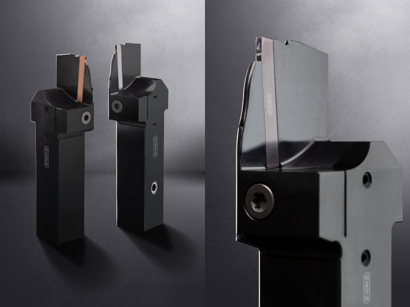 Das Werkzeugsystem wurde speziell für hohe Stechtiefen entwickelt. Als Halter werden auch Kassetten sowie verstärkte Stechschwerter angeboten. Alle Varianten sind mit innerer Kühlmittelzufuhr ausgestattet (Bilder: Horn/Sauermann).