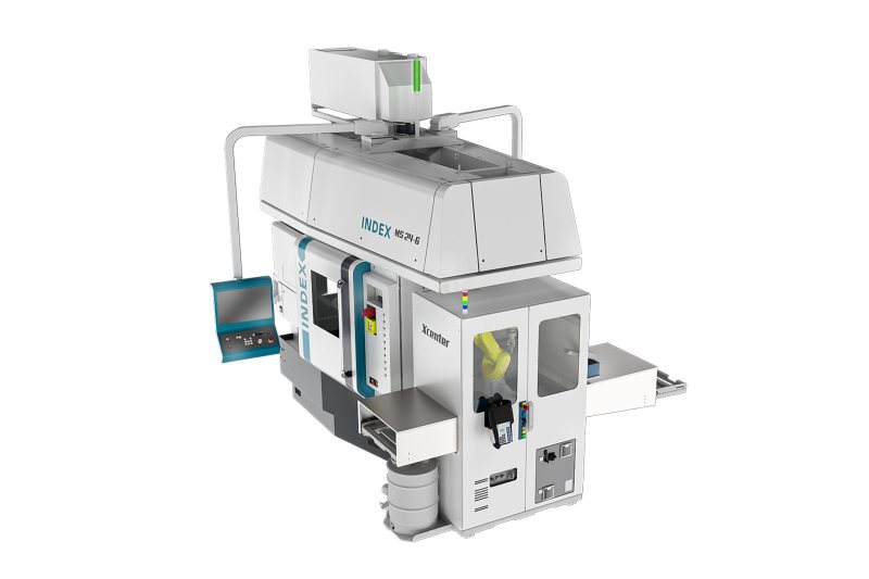 Die neue Roboterzelle für Mehrspindeldrehautomaten verbindet kompakte Robotik mit hoher Flexibilität (Bild: Index).