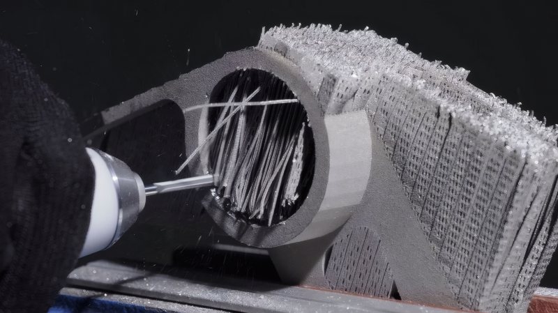 Beispiel für die Entfernung von Stützstrukturen an einem additiv gefertigten Bauteil (Bild: Lukas-Erzett).