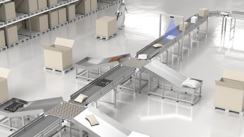 Anwendungsbeispiel: Sortierung von Paketen und Polybags vor dem Weitertransport. Die Berechnung der Objekteigenschaften für alle Objektformen erfolgt im Sensor (Bilder: Pepperl+Fuchs).
