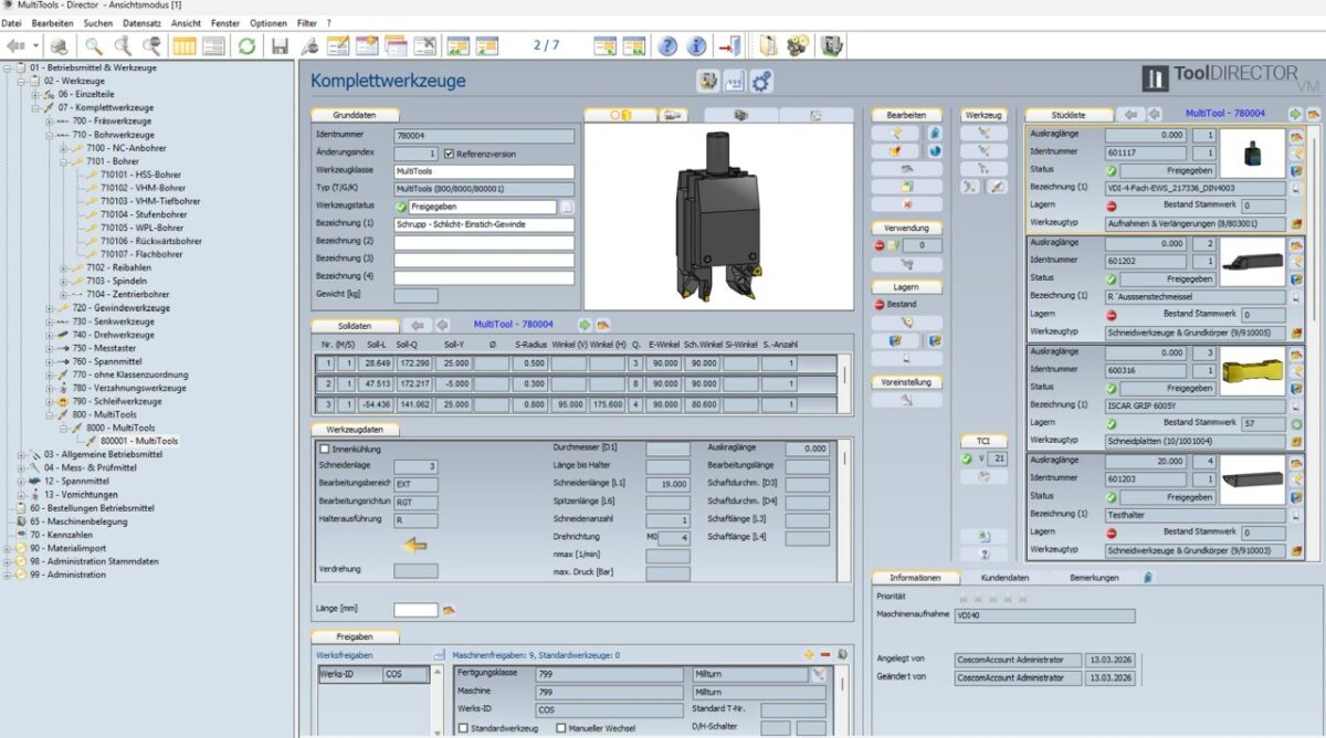 Multitools mit mehreren Schneiden lassen sich mit korrekten Geometriedaten verwalten und im Bereitstellungsprozess verarbeiten (Screenshot: Coscom).