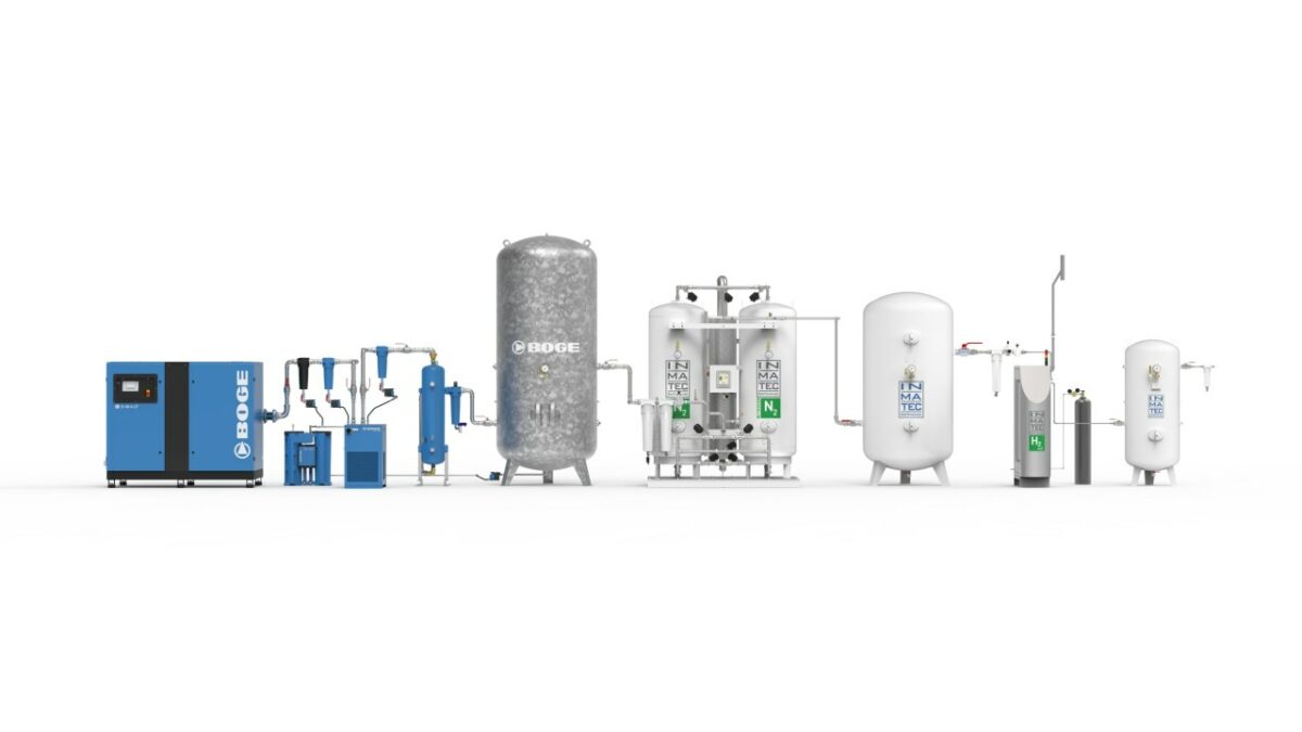 Die im »LaserPack« integrierte Kombination aus Stickstoffgenerator und Wasserstoff-Katalysator stellt hochreinen Stickstoff aus Umgebungsluft bereit (Bild: Boge).
