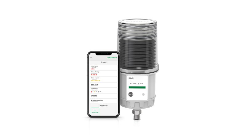 Der elektromechanische Schmierstoffgeber lässt sich über die eine App während Wartungsarbeiten gezielt stoppen (Bild: Schaeffler).