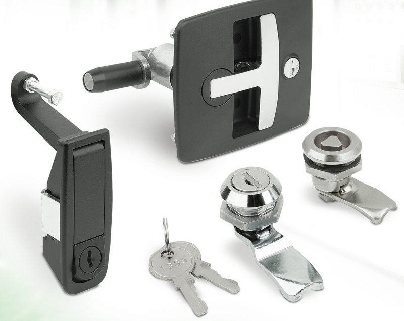 Zum Schutz vor unbefugtem Zugriff werden Drehriegel und Riegelverschlüsse sowie ergonomische Schwenkhebel angeboten (Bild: norelem).